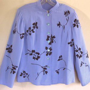 Pure silk jacket S Embossed Lilac purple Black flowers Mandarin collar Asian